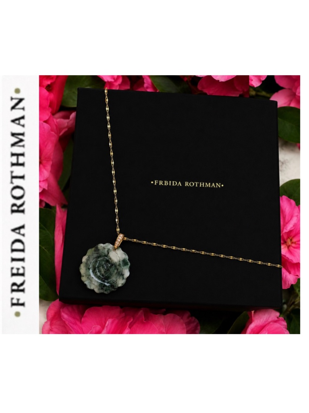 Freida Rothman Vault Carved Moss Agate Rose Pendant with Cubic Zirconia Bail